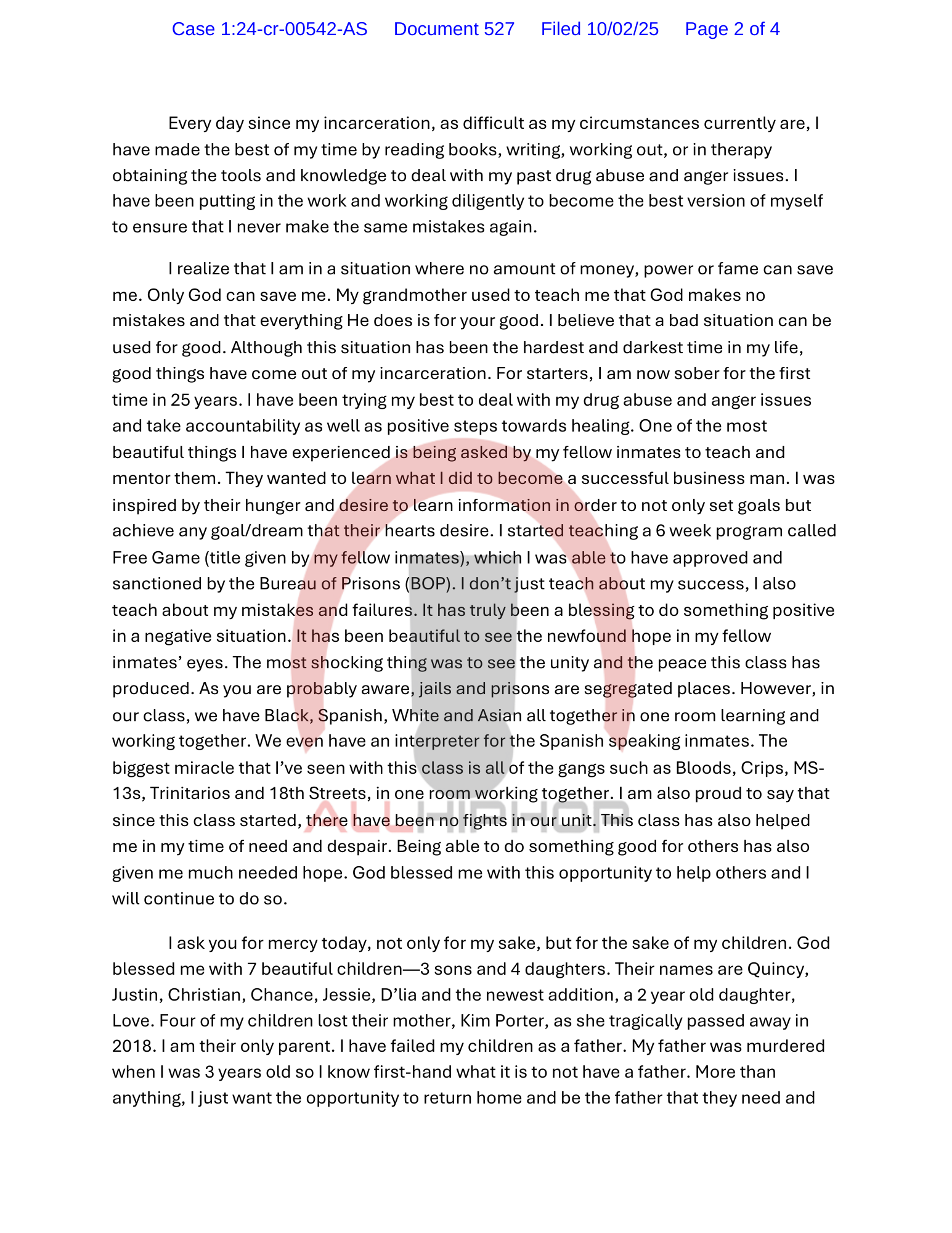 Diddy Letter to Judge before Sentencing