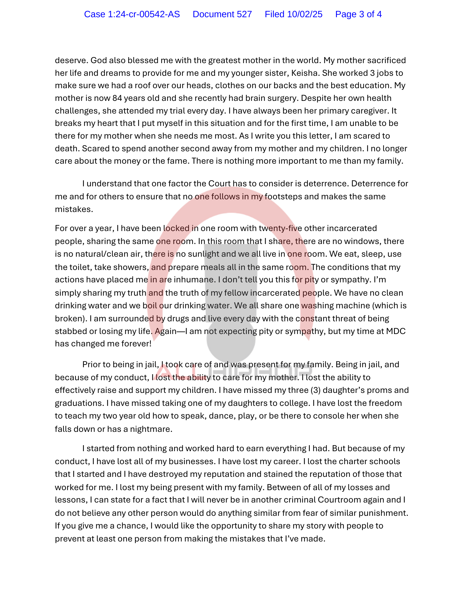 Diddy Letter to Judge before Sentencing