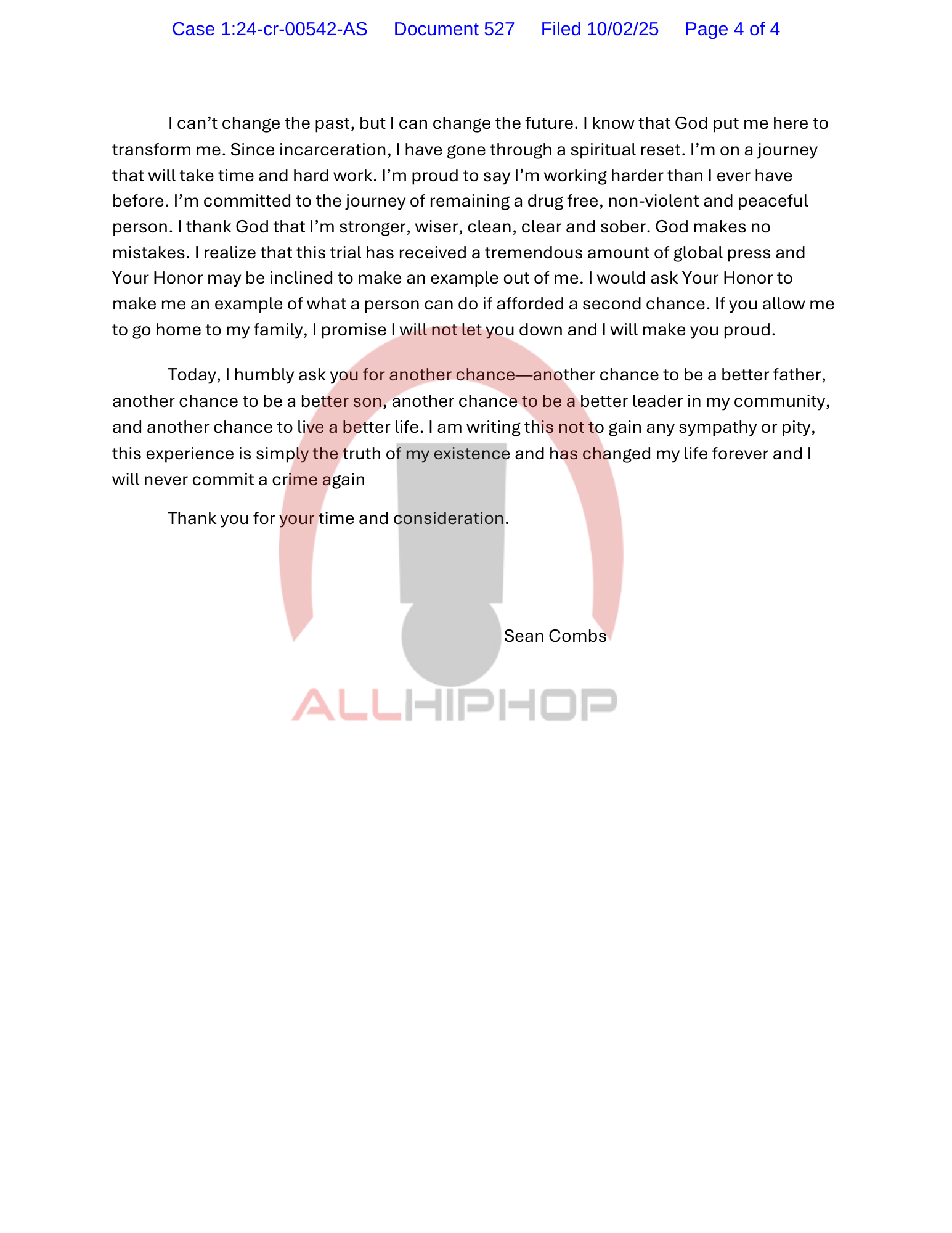 Diddy Letter to Judge before Sentencing