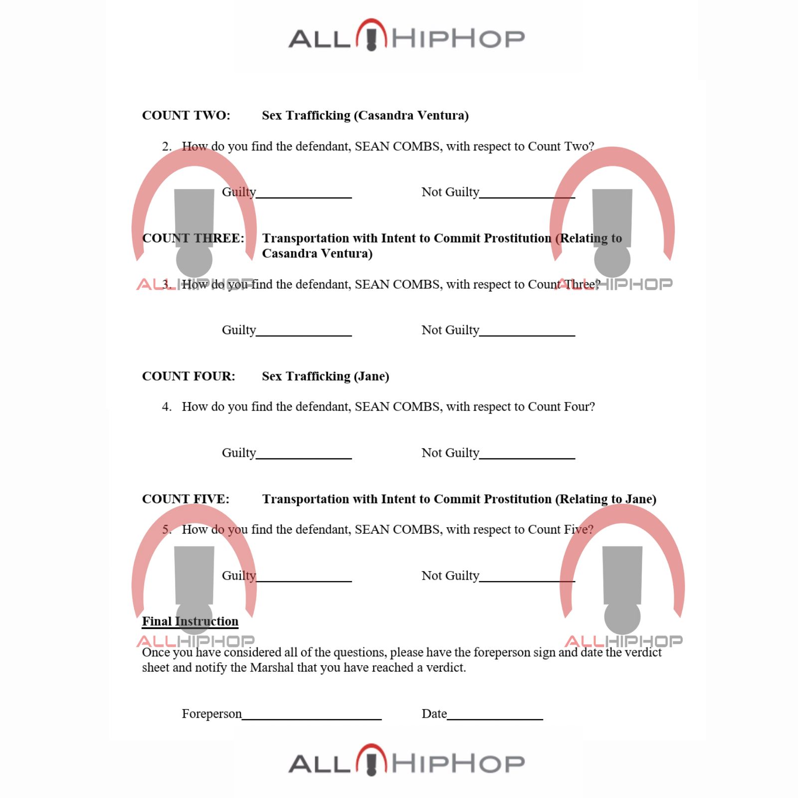 Diddy Verdict Sheet