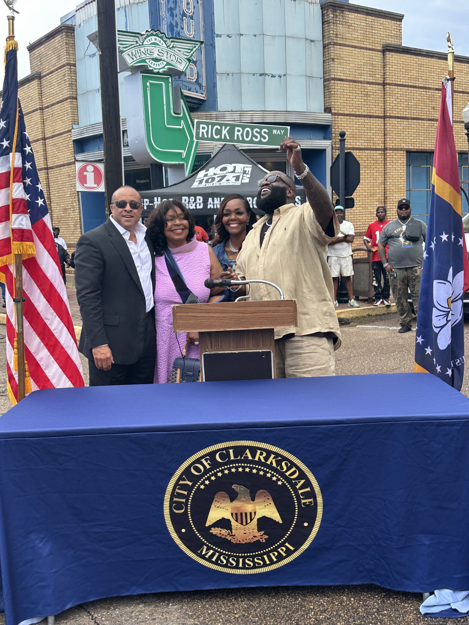 Mayor Chuck Espy, Rick Ross, Tommie Roberts at his street naming ceremony in Clarksdale, Mississippi