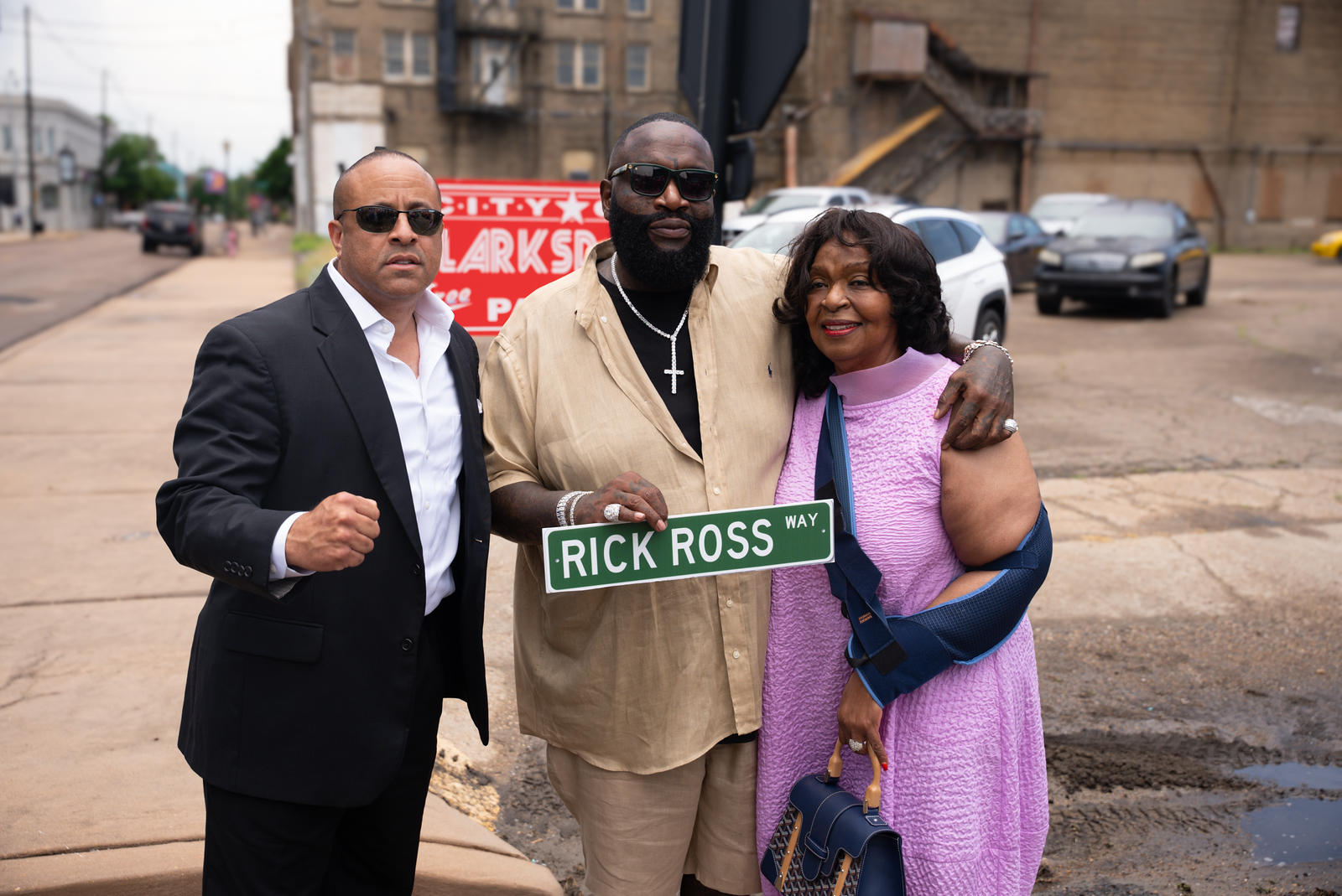 Mayor Chuck Espy, Rick Ross, Tommie Roberts at his street naming ceremony in Clarksdale, Mississippi