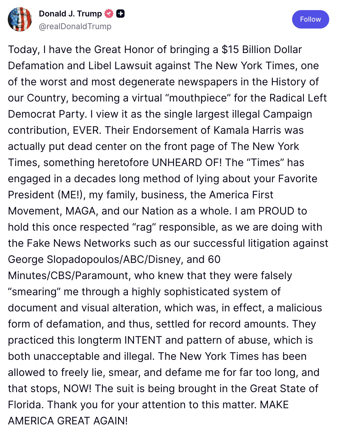 Donald Trump Files  Billion Defamation Suit Against The New York Times