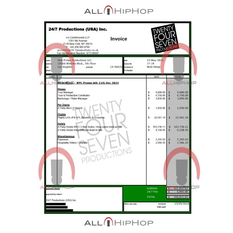 Nicki Minaj Unpaid Invoice