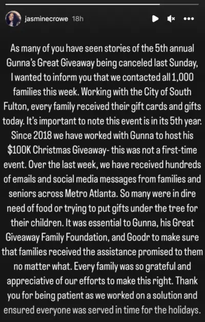 Jasmine Crowe-Houston issues statement on Gunna's Christmas Giveaway