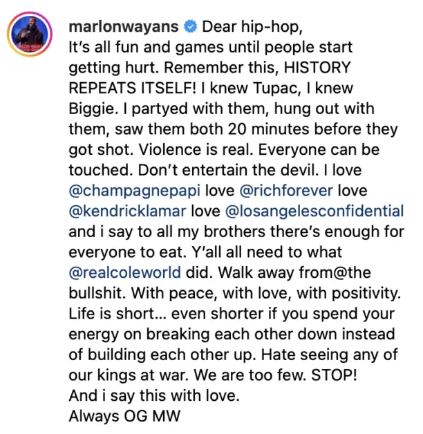 Actor Marlon Wayans urges rappers to stop beefing before it ends like 