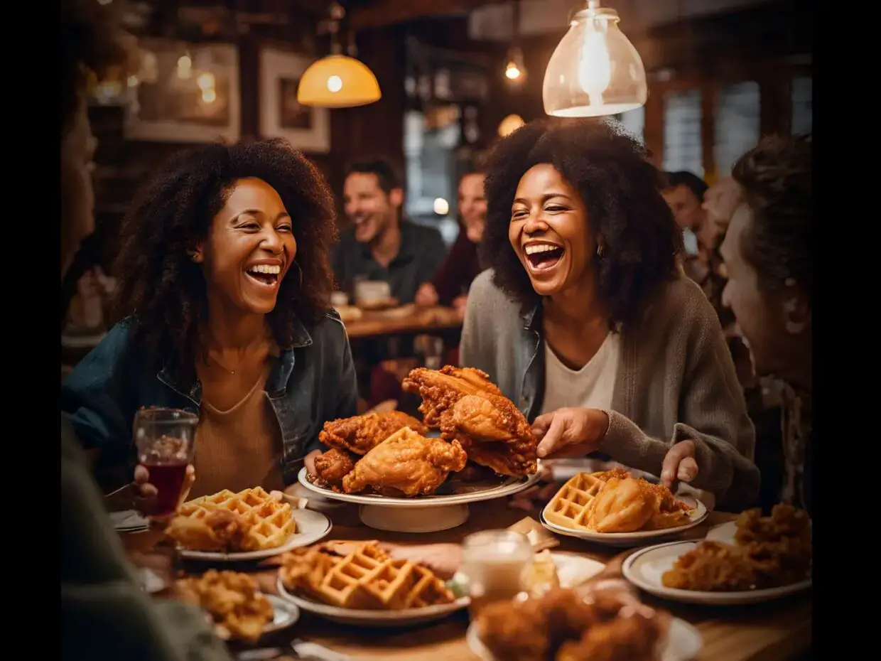 Black Women Eating Chicken And Waffles