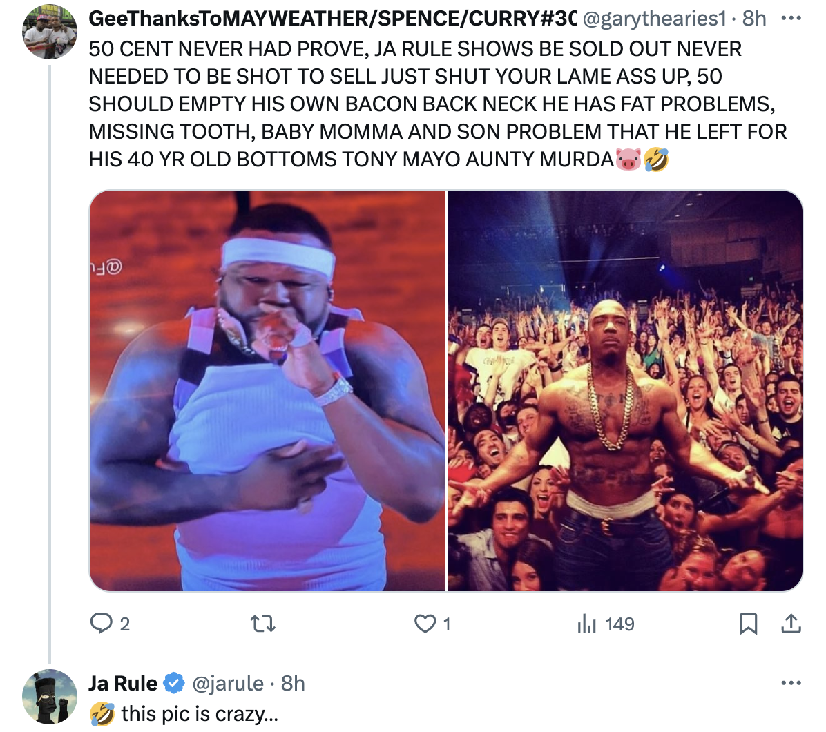 Rapper Ja Rule calls 50 Cent a liar over claims of him purchasing hundreds of tickets to one of his concerts to leave the front rows empty